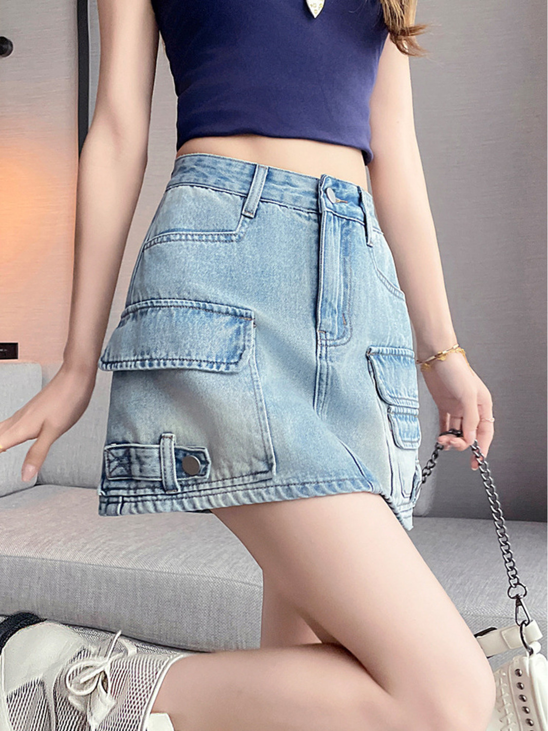 Saia Jeans Mini Cargo Feminina - Fly Line avaliação e preço
